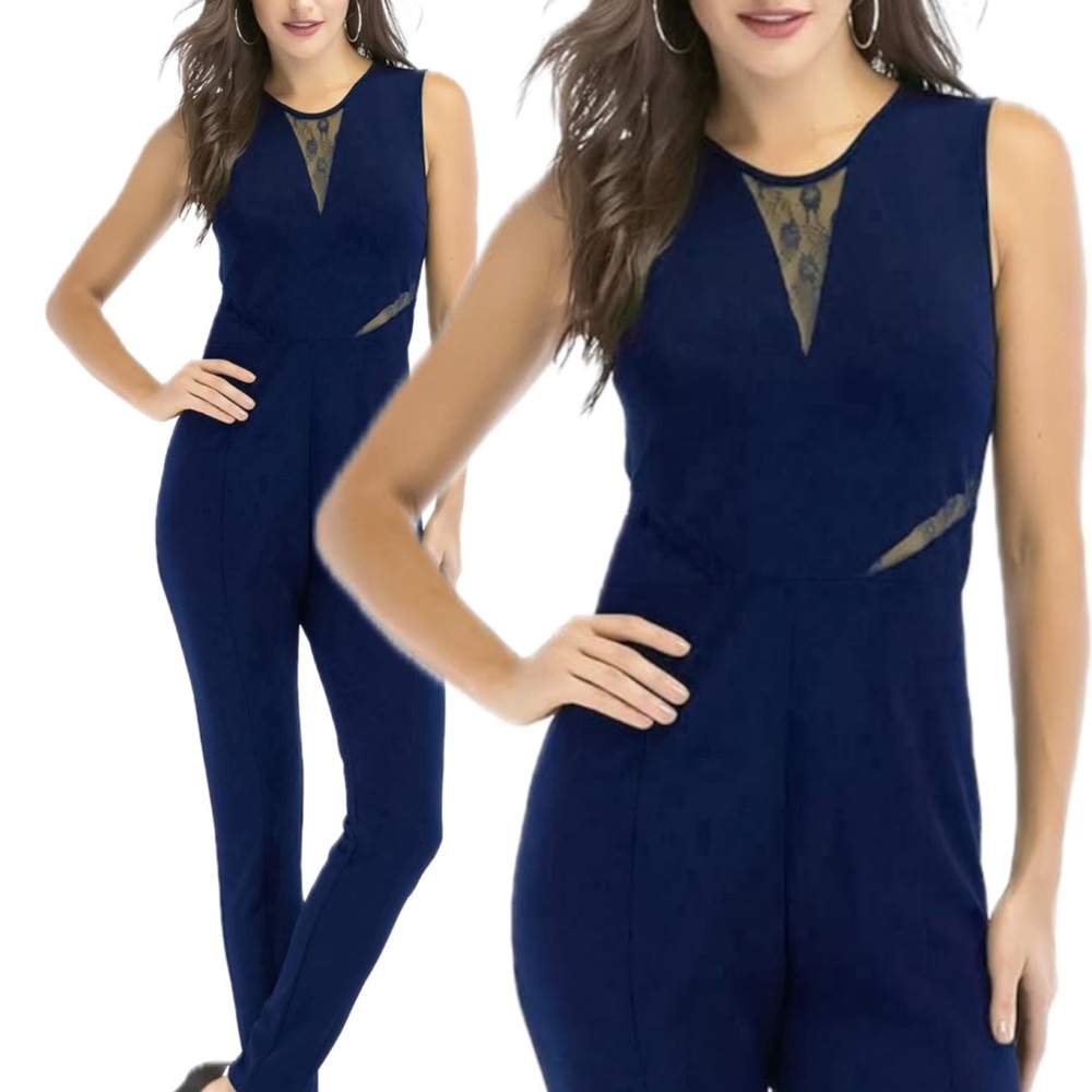 Navy Lace Detail Sleeveless Jumpsuit | Chic Minimal Evening Outfit | Women’s L